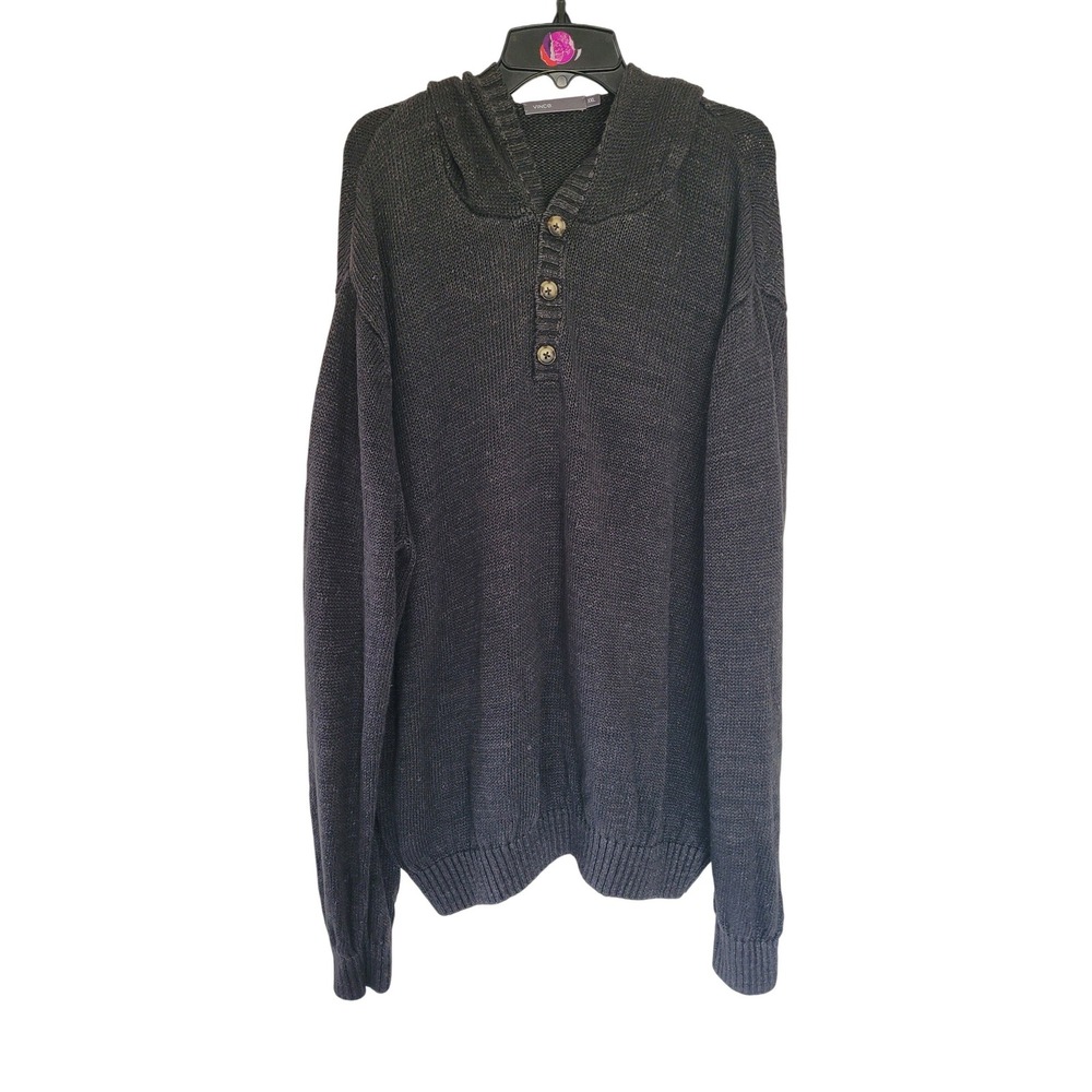 Vince‎ Mens XXL Charcoal Gray 100% Linen Hooded Henley Sweater Knit Pullover #1